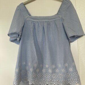 Loft Vertical Stripe Blouse, Square Neckline, Short Sleeves, Embroidery, Blue, L